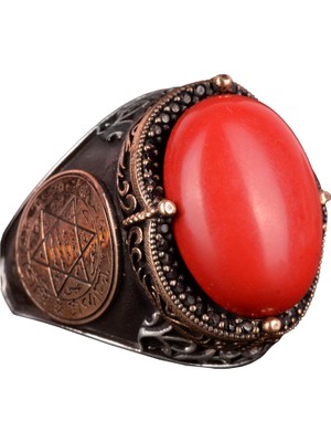 David Yıldızı Yüzük, Yapay Taş Yüzük, 925 Ayar Gümüş Süleyman Yüzüğü (Kırmızı Mercan Yapay)