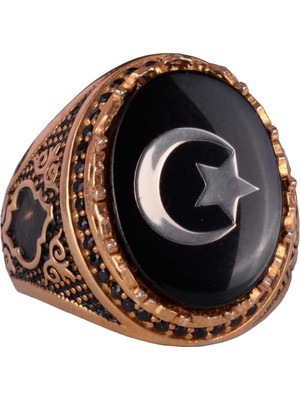 925 Ayar Gümüş Altın Kaplama Erkek Yüzük - Hilal ve Yıldız Tasarımı (Siyah)