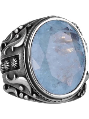 925 Ayar Gümüş Yüzük, Tasarım Gümüş Erkek Yüzük (Açık Mavi Paraiba Taşı)