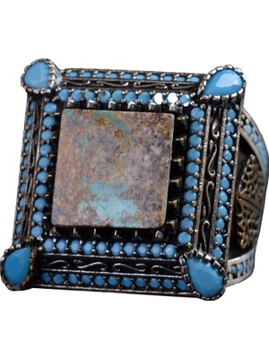 Doğal Turkuaz Taş Yüzük, Kare Tasarım - 925 Ayar Gümüş Erkek Yüzüğü, El Yapımı Şıklık