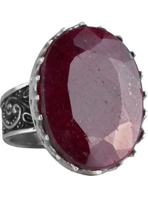 Doğal Taş Yüzüğü - 925 Ayar Gümüş Büyük Yüzük - El Yapımı Yüzük (Yakut)