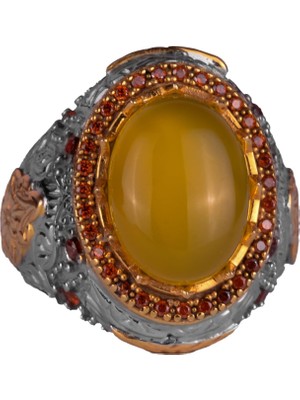 Doğal Taş Yüzük - Sultan Yüzük - 925 Ayar Gümüş Yüzük Erkekler Için (Sarı Akik)