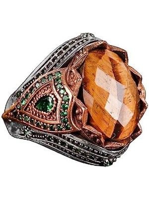 Doğal Taş El Yapımı Yüzük - 925 Ayar Gümüş Şık Yüzük (Kaplan Gözü)