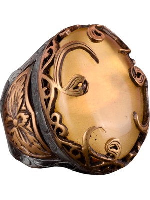 Doğal Kehribar Taşı Yüzük, Vav Kehribar Taşı Erkek Yüzüğü, 925 Ayar Gümüş Erkek Yüzüğü