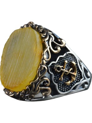 Denizci Çapa Gümüş Yüzük, Doğal Taş Yüzük, 925 Ayar Gümüş Yüzük (Kehribar)