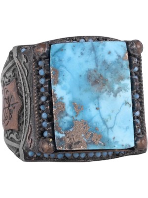 Doğal Arizona Turkuaz Taş Yüzük - 925 Ayar Gümüş Islami Yüzük - El Yapımı Vintage Tasarım