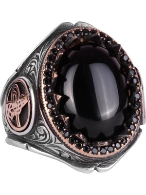 925K Katı Gümüş Erkek Yüzük Doğal Taşlarla - El Yapımı Şıklık (Oniks Taşı)