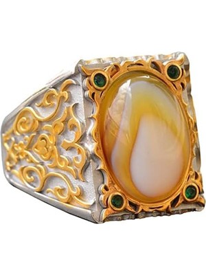 Doğal Sedef Taşlı Erkek Yüzük, El Yapımı Altın Oymalı Tasarım, 925 Ayar Gümüş Yüzük
