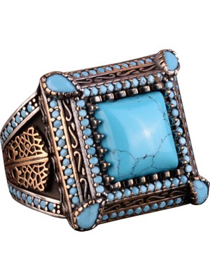 925 Ayar Gümüş Turkuaz Taşlı Erkek Yüzük - Vintage Tarzı, El Yapımı Takı