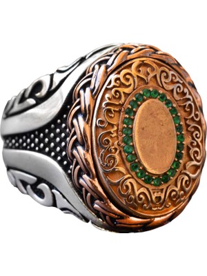 El Yapımı Sterlin Gümüş Erkek Yüzük | Bakır ve Yeşil Taş Dolgu | Cesur ve Şık Tasarım