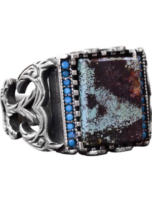 Doğal Arizona Turkuaz Taş Yüzük - Gümüş Özelleştirilebilir Erkek Yüzüğü