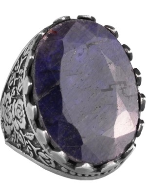 Doğal Taş Yüzük - Gül Desenli Yüzük - 925 Ayar Gümüş Yüzük - El Yapımı Büyük Yüzük (Mavi Safir)