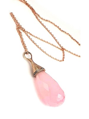Ose Shop Faset kesim 925 ayar gümüş rose doğal pembe kuvars taşlı kolye