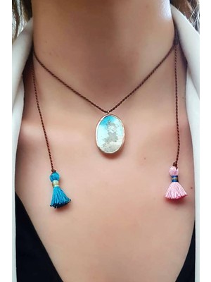 Ose Shop Turkuaz taşlı 925 ayar gümüş rose tasarım ipek makromeli kolye