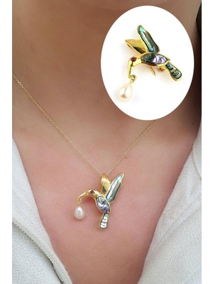 Osean Mystıque  Barok Inci ve Okyanus Sedefi Detaylı 925AYAR Gümüş Üzerine Altın Kaplama Tasarım Şans Kuşu Kolye ve Yaka Iğnesi Broş