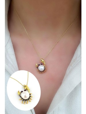 Osean Mystıque Barok Inci ve Yakut Taşlı 925AYAR Gümüş Üzerine Altın Kaplama Tasarım Yengeç  Kolye