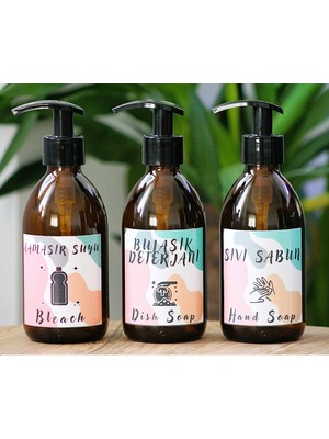 JUNIBELIW 3lü Set Renkli Etiket Boş Amber Boş Cam Şişe Bulaşık Deterjanlık Sıvı Sabunluk Çamaşır Suyu 3X250ML