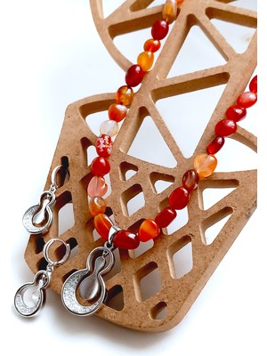 18 Ayar Altın Kaplama Antik Tasarım Akik Doğal Taşlı Kadın Gümüş Set Kolye Küpe