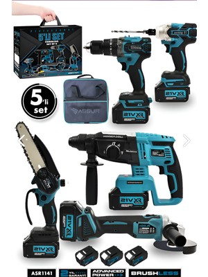 Assur 21V 2.0AH Kömürsüz Darbeli 5'li Set Şarjlı Hilti + Taşlama + Somun Sıkma + Akülü Vidalama + Budama Testeri