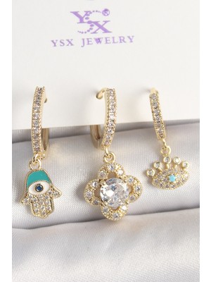 Pirinç Gold Renk Zirkon Taşlı Fatma Ana El Yonca Figür Göz Detay 3'lü Kadın Kombin Küpe