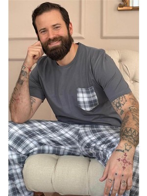 Pijama Evi Füme Ekose Cep Detay Kısa Kollu Erkek Pijama Takımı