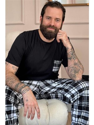 Siyah Haki Ekose Cep Detay Kısa Kollu Erkek Pijama Takımı