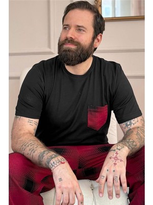 Bordo Siyah Ekose Cep Detay Kısa Kollu Erkek Pijama Takımı