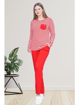 Mecit 6201 Kırmızı Çizgili Büyük Beden Kadın Pijama Takımı