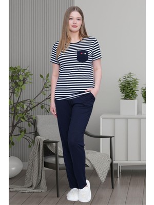 Mecit 6202 Lacivert Çizgili Büyük Beden Kadın Pijama Takımı
