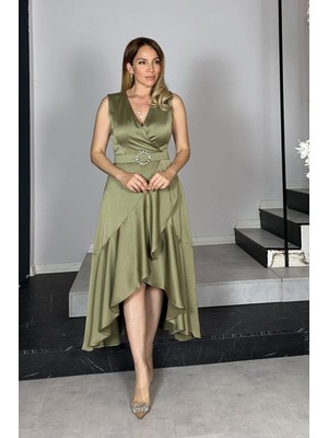 G1394 Kruvaze Yaka Volan Detaylı Tasarım Abiye Elbise Haki