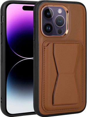 Ardemix Apple iPhone 14 Pro Kılıf Kartlıklı Standlı ​pu Deri Ardx Memo Kapak-Kahverengi