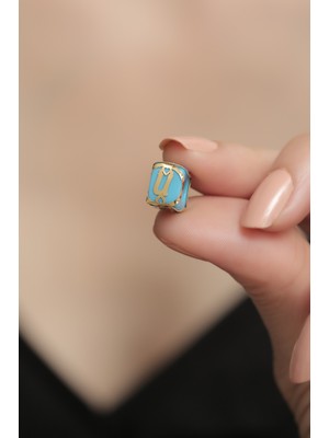 Bayar Gold 14 Ayar Altın Kafesli Mavi Boncuk Ü Harf Kolye Ucu