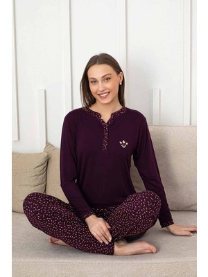 Bie's  Kadın Mürdüm Desenli V Yaka 3 Düğmeli Likralı Viskon Mevsimlik Uzun Kol Pijama Takımı