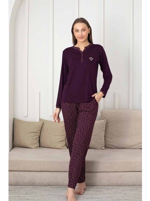 Alimer  Kadın Mürdüm Desenli V Yaka 3 Düğmeli Likralı Viskon Mevsimlik Uzun Kol Pijama Takımı