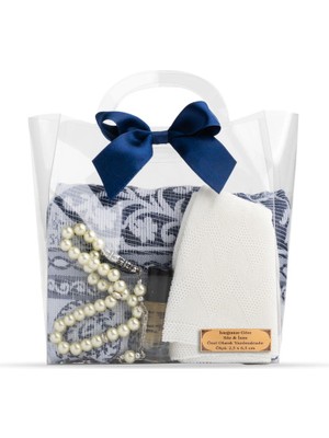 Seccade + Tesbih + Takke + Esans Hediye Seti (Çantalı Asetat Kutu, Lacivert)