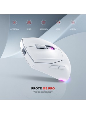 Rampage Prote M5 Pro Kablosuz Beyaz Rgb Ledli Şarjlı 26000 Dpı 3395 Sensor Gaming Oyuncu Mouse
