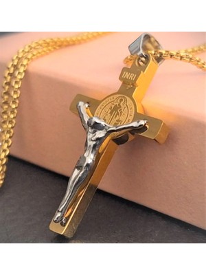 Voyageaccessory Altın Gümüş Renk Paslanmaz Çelik Isa Haç Kolye / 60 cm Zincirli