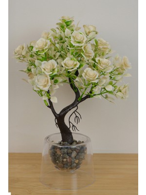 Digithome Dekoratif Çift Cidarlı Saksıda Yapraklı Gül 30 cm  Beyaz EVA-5863