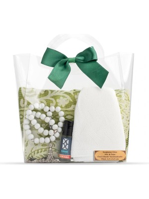 Seccade + Tesbih + Takke + Esans Hediye Seti (Çantalı Asetat Kutu, Yeşil)