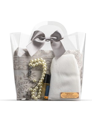 Seccade + Tesbih + Takke + Esans Hediye Seti (Çantalı Asetat Kutu, Gri)