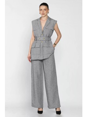 Kadın Bel Kuşaklı Yelek Pantolon Ikili Takım P-00016294