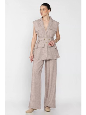 Kadın Bel Kuşaklı Yelek Pantolon Ikili Takım P-00016294