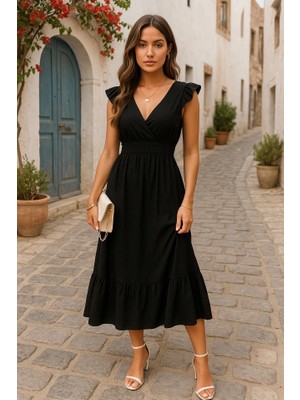 Defy Moda Kadın Kısa Kollu Kruvaze Yakalı Beli Lastikli Müslim Elbise