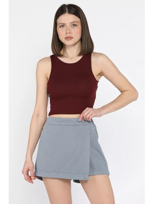 Kadın Fermuarlı Bel Lastikli Gabardin Şort Etek P-00015896