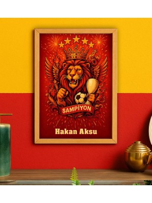 Bk Gift Kişiye Özel Sarı Kırmızı 5 Yıldız Aslan Taraftar Tasarımlı Ahşap Çerçeveli Tablo-4 40 x 25 cm , Taraftar Hediyesi, Doğum Günü Hediyesi, Arkadaşa Hediye
