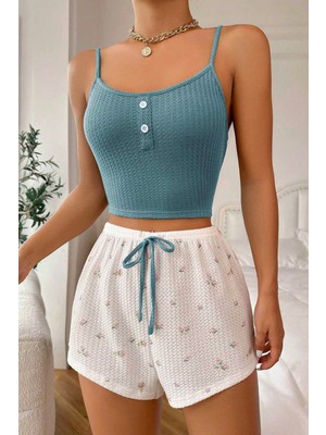 Merry See Kadın Askılı Çiçekli Desenli Şortlu Pijama Takımı Kolsuz 2'li Set