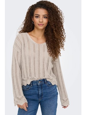 Only  Kadın Regular Fit V Yaka Bej Örme Kazak - 15339529
