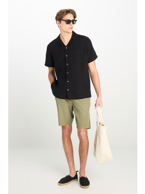Relaxed Fit Geniş Kesim Lastik Bel Detaylı Esnek Haki Chino Şort
