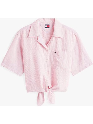 Tommy jeans Kadın Pembe Cropped Keten Kısa Kollu Gömlek