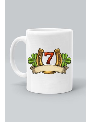 Yedi 7 Şans 4 Yaprak Yonca At Nal Uğur Baskılı Beyaz Kupa Bardak